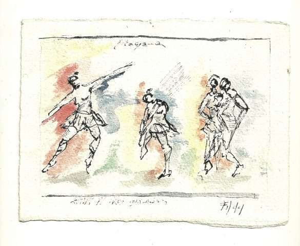 Diagrama: Estudos para três bailarinas Fe Maidel. Técnica mista sobre papel Arches tourchon 1999. Foto divulgação.