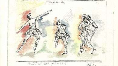 Diagrama: Estudos para três bailarinas Fe Maidel. Técnica mista sobre papel Arches tourchon 1999. Foto divulgação.